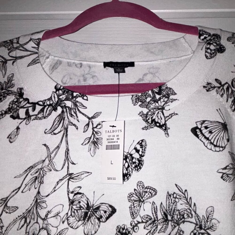 NWT TALBOTS BLACK WHITE ELBOW SLEEVE PULLOVER - BUTTERFLY TOILE WOMAN'S L LARGE - Picture 5 of 8